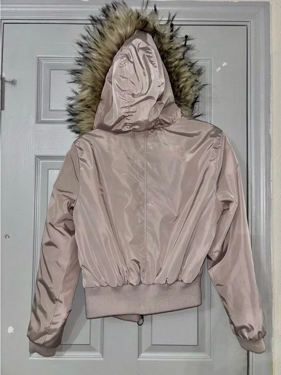 New Look Faux Fur Hood Bomber Jacket L Fits M Blush GorpCore Coat Y2K Beige - Picture 8 of 13